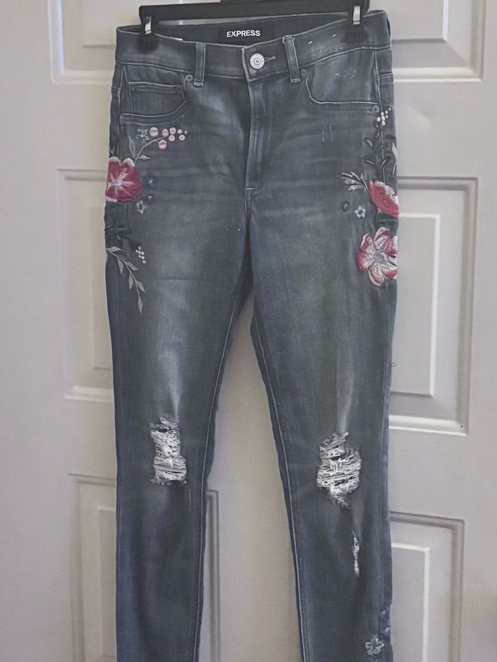 Express Blue Distressed High Rise Skinny Jeans with Pink Floral Embroidery